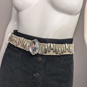 Unique leather belt, western style belt, silver embellishment, Large Rhinestone